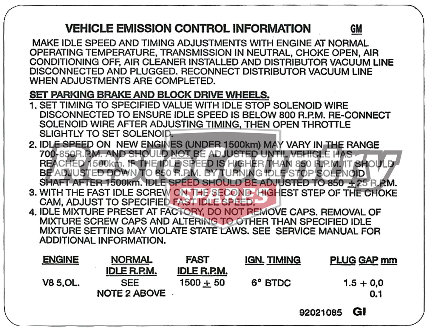 Decal Emission Control VH VK 5.0 Litre Inc HDT - 92021085