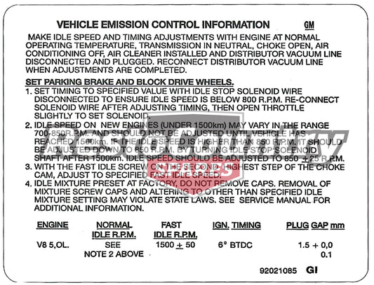 Decal Emission Control VH VK 5.0 Litre Inc HDT - 92021085