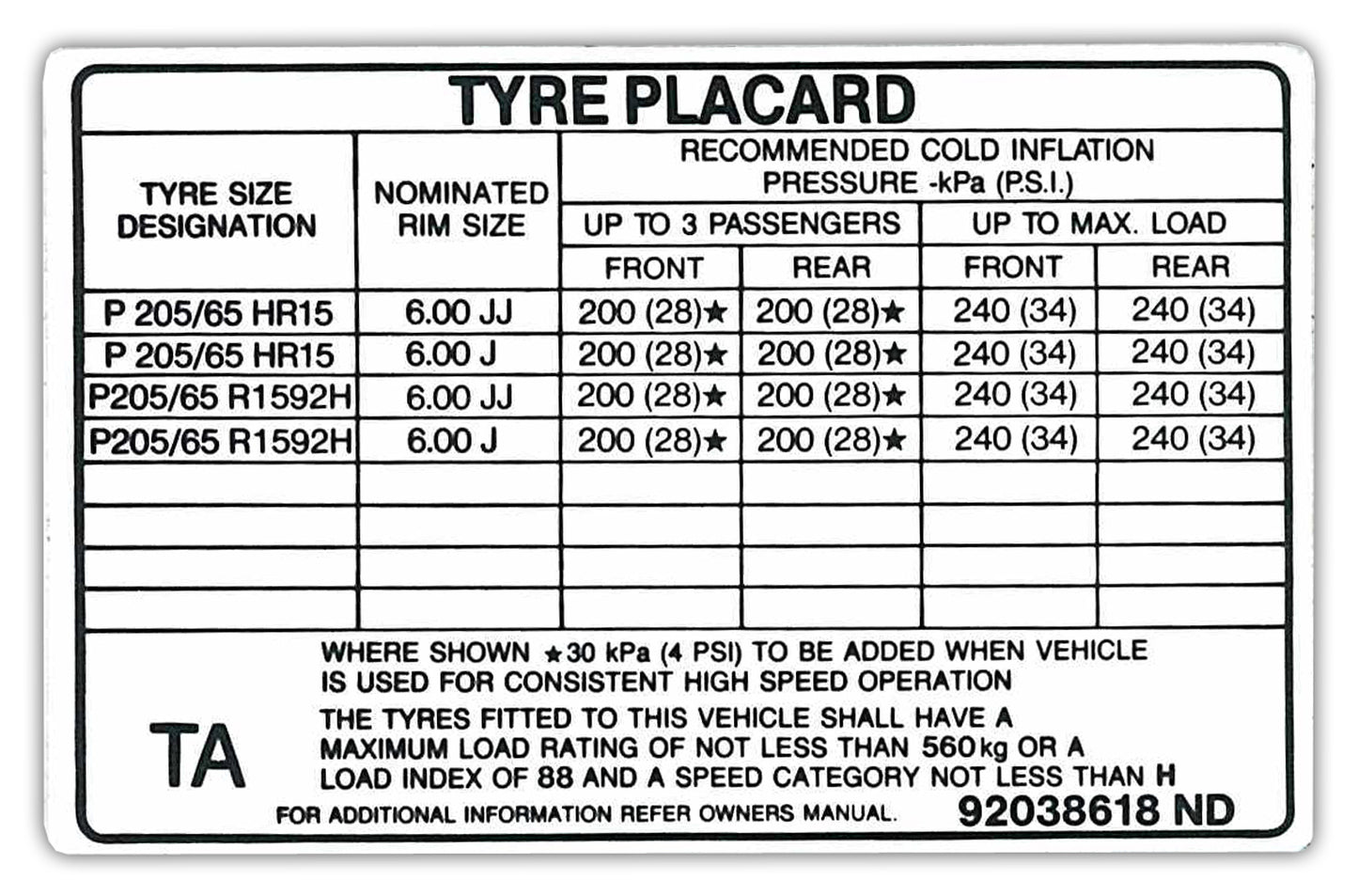 Decal Tyre Placard VN 6"x15" SS BT1 FE2 Excluding Ute - 92038618A