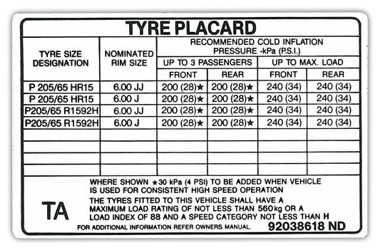 Decal Tyre Placard VN 6"x15" SS BT1 FE2 Excluding Ute - 92038618A