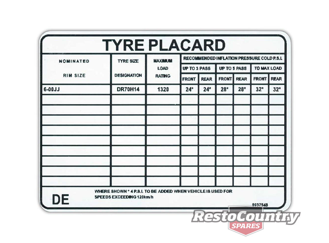 Decal Tyre Placard LH (L34 Engine)LX (A9X) - 9937548