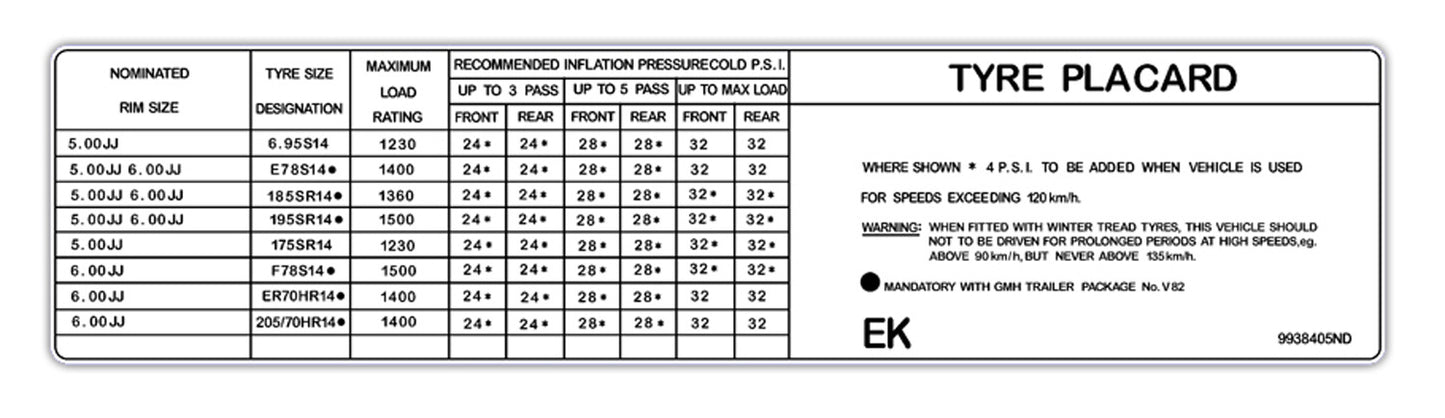 Decal Tyre Placard HQ Sedan Coupe Statesman V8 - 9938405