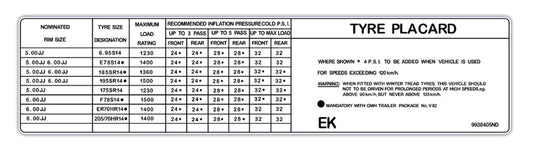 Decal Tyre Placard HQ Sedan Coupe Statesman V8 - 9938405