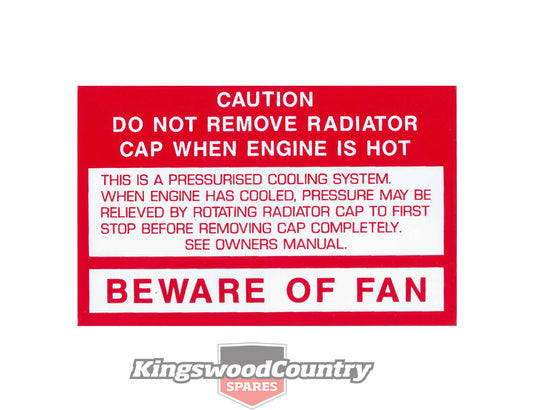 Decal Fan Warning HZ WB VB VC VH VK VL & LX Torana & VN VP VR VS Commodore V8 - BD1107