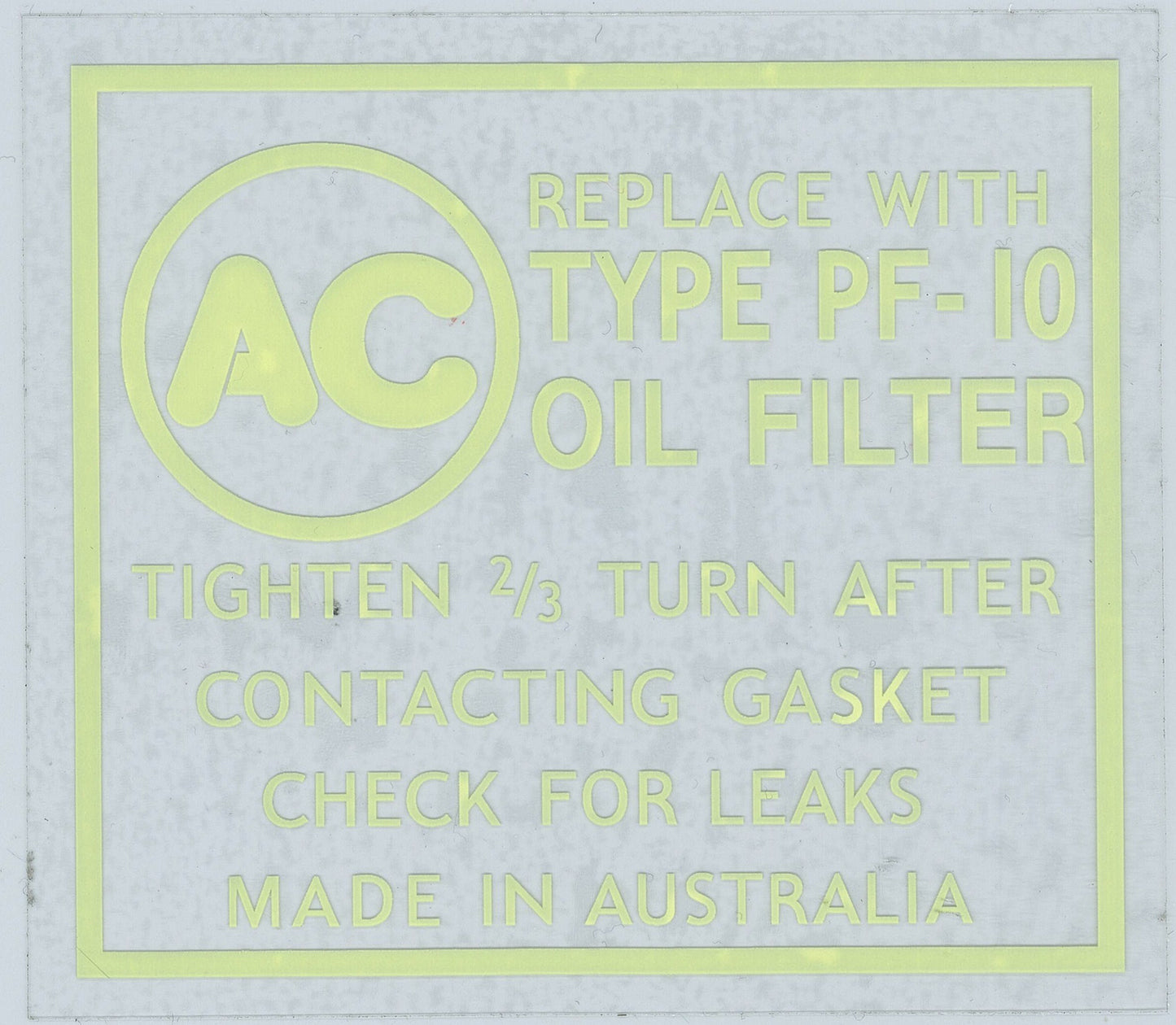 Decal "Pf10 Ac" Oil Filter Yellow On Black - DOF003