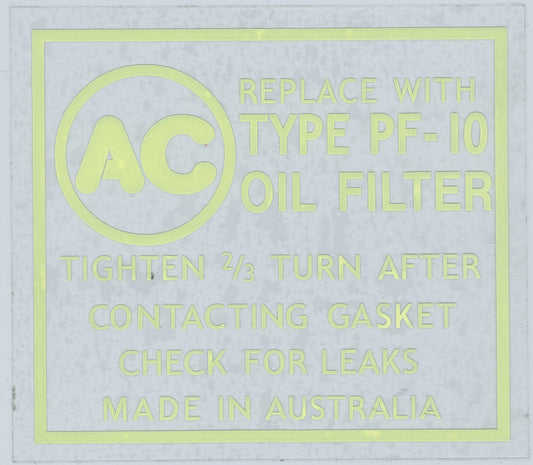 Decal "Pf10 Ac" Oil Filter Yellow On Black - DOF003